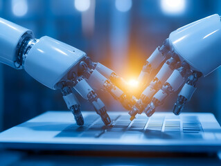 Poster - Two robotic hands connecting over a keyboard, symbolizing innovation and collaboration in technology.