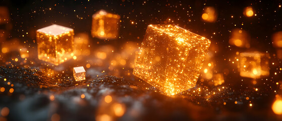 Poster - A mesmerizing display of glowing cubic shapes radiating warmth and light in a dark environment, perfect for graphics.