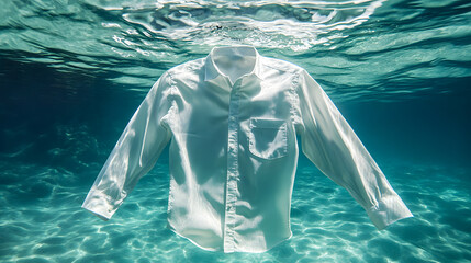 Poster - A White Shirt Submerged in Crystal Clear Water with Sunlight Filtering Through, Creating a Serene and Tranquil Underwater Scene