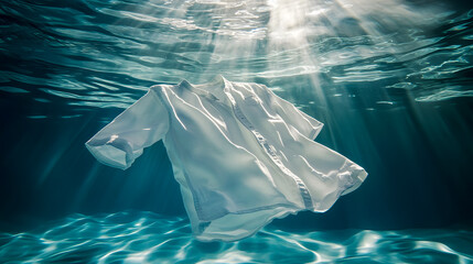 Poster - Ethereal White Shirt Floating Gracefully Beneath the Surface of Crystal Clear Water with Radiant Sunlight Illuminating the Scene