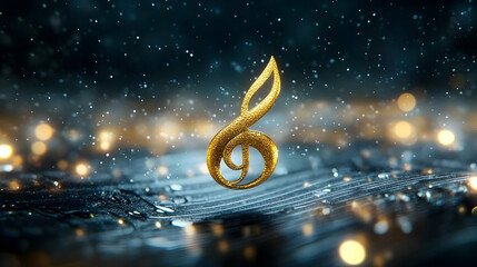 Poster - A golden treble clef symbol floats gracefully amidst sparkling lights, evoking a sense of harmony and creativity.