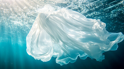 Poster - Ethereal White Fabric Flowing Gracefully Underwater with Bubbles and Sunlight Creating a Dreamy Atmosphere of Tranquility and Beauty