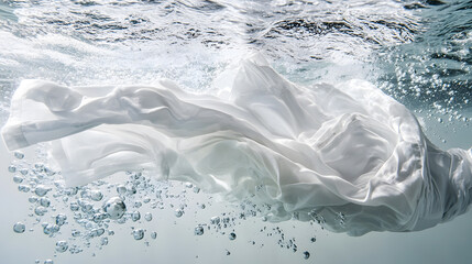 Poster - Ethereal White Fabric Flowing Underwater Surrounded by Bubbles, Capturing the Graceful Motion and Serenity of Material in Aquatic Environment