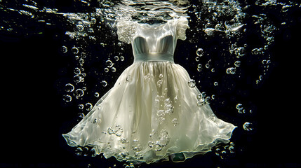 Poster - Ethereal White Dress Floatting Gracefully Underwater Surrounded by Bubbles, Showcasing the Beauty of Fabric and Light in an Enchanting Aquatic Setting