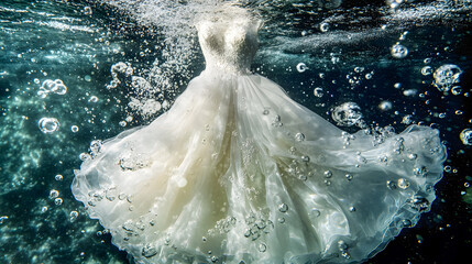 Poster - Ethereal Underwater Scene Featuring a Flowing White Dress Surrounded by Bubbles and Soft Natural Light Filtering Through Water
