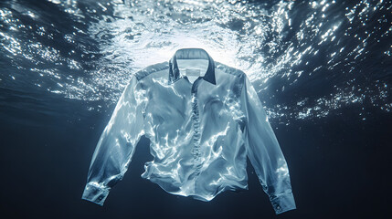 Poster - A Captivating Abstract of a Floating White Shirt Underwater, Illuminated by Dazzling Light Reflections, Creating a Serene and Ethereal Atmosphere