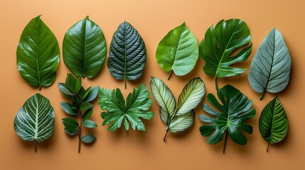 Wall Mural - A collection of various green leaves arranged on an orange background.