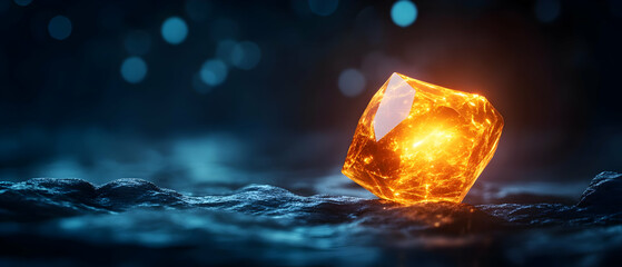 Poster - A mesmerizing glowing ice cube reflecting light, creating a stunning visual in a dark liquid environment.