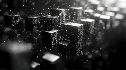 Poster - Abstract black and white image showcasing floating geometric shapes and particles in a dynamic, digital atmosphere.