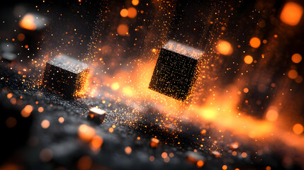 Poster - Abstract digital illustration with glowing cubes and particles creating a dynamic, futuristic atmosphere.