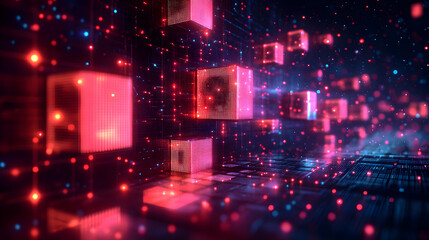 Poster - Vibrant abstract digital blocks with glowing particles, representing futuristic technology and innovation.