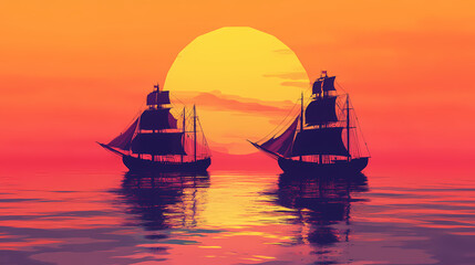 Wall Mural - Two large ships sailing with sunset background. generative ai. Halcyon. Illustration