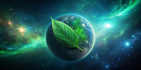 Wall Mural - a vibrant green leaf rests gently on a celestial body, symbolizing the delicate balance of life in t