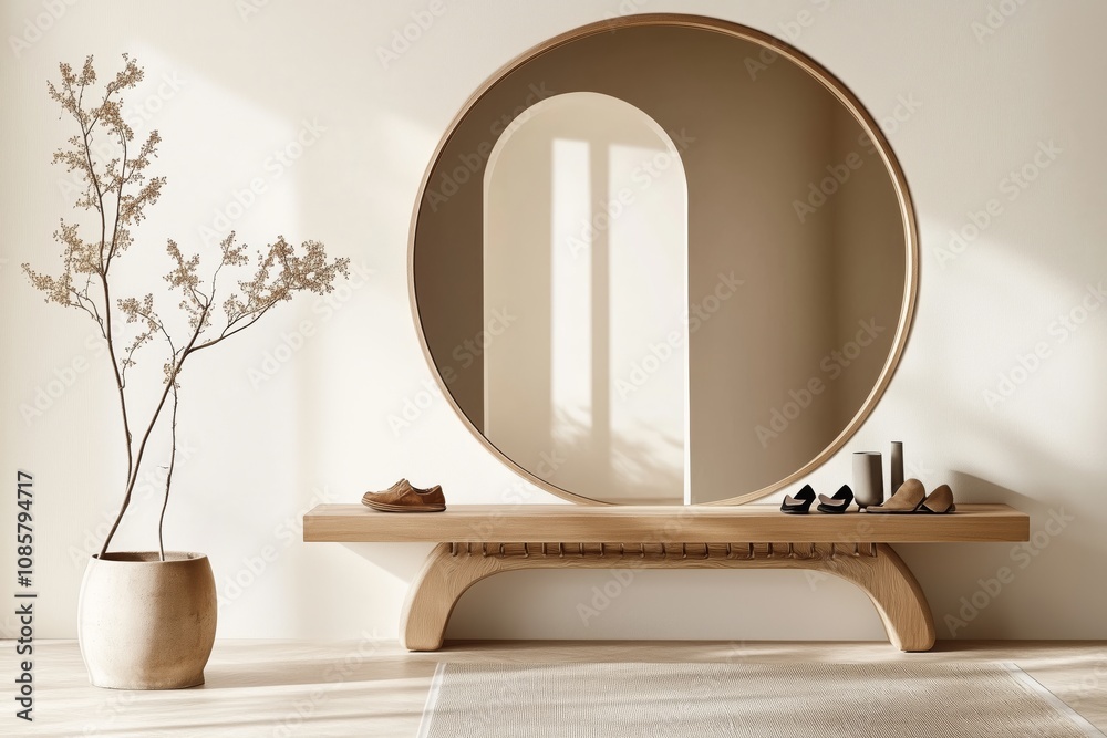 Entryway featuring a large circular mirror, minimalist shoe rack, and a ...