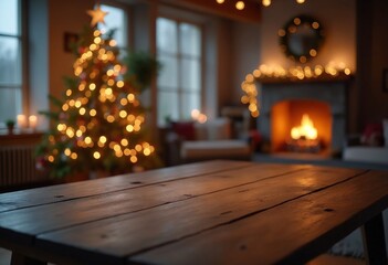 Aufkleber - Empty rustic wooden table,  in the blurred background a a living room with Christmas tree, a fireplace and a window. warm night light mood
