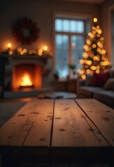 Aufkleber - Empty rustic wooden table,  in the blurred background a a living room with Christmas tree, a fireplace and a window. warm night light mood