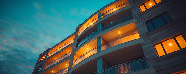 An architectural marvel with an array of lit windows, the building's facade bathed in soft light. The night sky contrasts with the glow, creating a stunning visual.