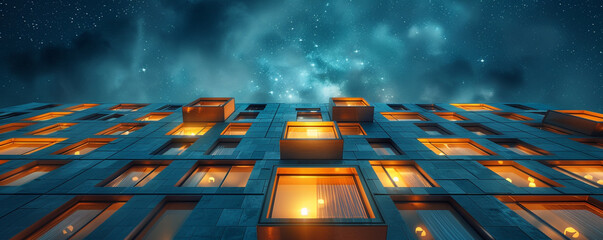 An architectural marvel with an array of lit windows, the building's facade bathed in soft light. The night sky contrasts with the glow, creating a stunning visual.