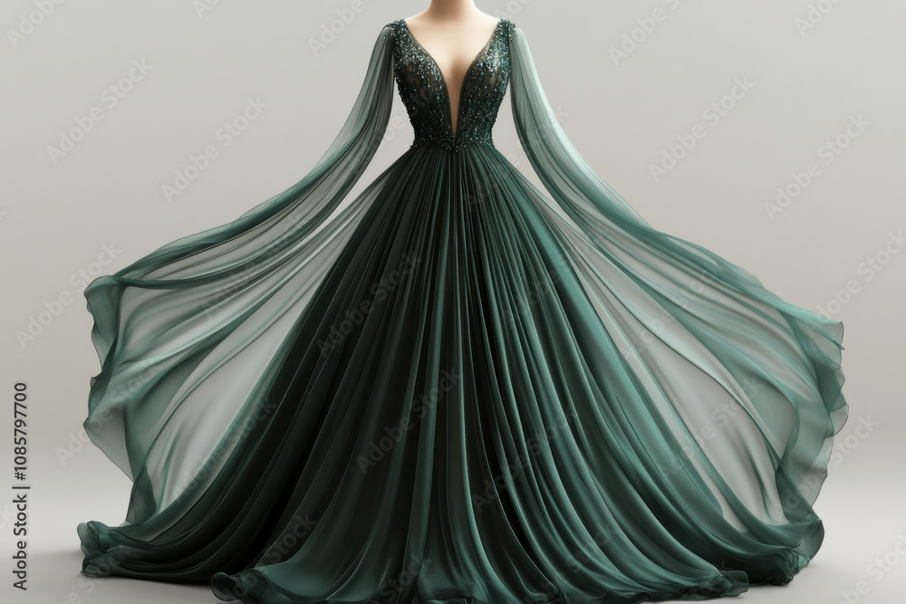 Green evening gown with long train in a grand ballroom, surrounded by ...