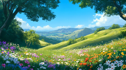 Wall Mural - A vibrant landscape with colorful flowers, rolling hills, and a clear blue sky.