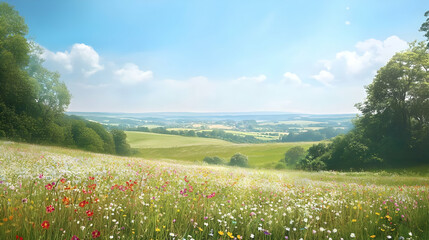 Wall Mural - A serene landscape showcasing a vibrant meadow with wildflowers under a clear blue sky.