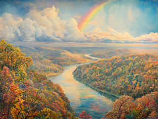 Wall Mural - A vibrant landscape featuring a river winding through colorful autumn trees under a rainbow.