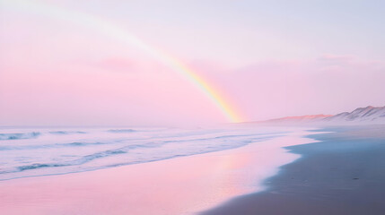 Wall Mural - A serene beach scene with a rainbow and pastel sky reflecting on the calm water.