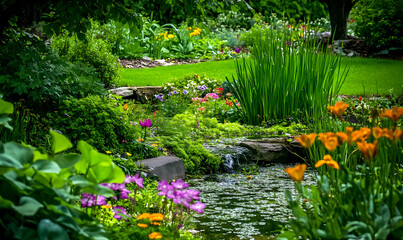 Wall Mural - A vibrant garden scene featuring colorful flowers, lush greenery, and a tranquil stream.