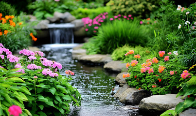 Wall Mural - A serene garden scene featuring a flowing stream and colorful flowers.