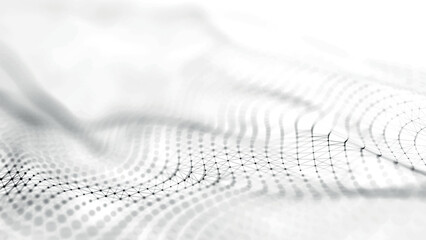 Poster - Futuristic point wave of particles. Visualization of sound waves. Technology or science banner. Abstract black and white digital 3D wave. Light background. Vector illustration.