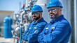 © Anna - Two men dressed in blue work attire and safety helmets exude professionalism at an industrial site. They appear confident, reflecting teamwork and a commitment to safety in their environment