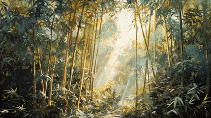 Wall Mural - Sunlight filters through a dense bamboo grove, creating a serene atmosphere in a tranquil forest setting