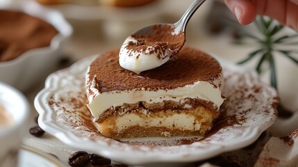 The bistro offers coffee, desserts, and fresh bakery treats.A delicious slice of tiramisu, featuring layers of creamy mascarpone cheese, coffee-soaked ladyfingers, and a dusting of cocoa powder.