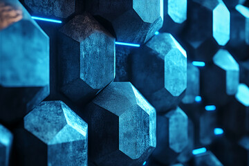 Poster - Many dark-blue, faceted hexagonal forms create a textured, three-dimensional surface