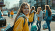 © MikeLegend - A cheerful young woman smiles warmly while walking with friends on a vibrant city street filled with lively activity in early spring