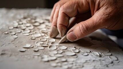 Poster - Handcrafting a Unique Texture with Fingers on White Plaster Surface, Artist Creating Detailed Design with Focus on Fine Skills and Artistic Expression in Studio Setting