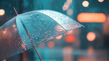 Aufkleber - Close-up of a raindrop-covered umbrella in a vibrant city setting during a rain shower, creating a striking contrast with colorful blurred lights in the background.