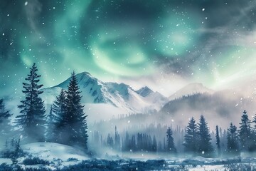 aurora borealis over snowy mountains at night. 3d rendering