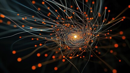Fototapete - Abstract illustration of swirling light strands with glowing orange dots on a dark background, representing energy, motion, and vibrant creativity in a dynamic environment