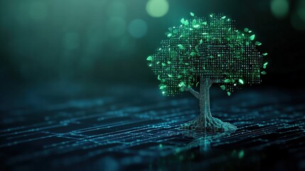 Poster - Digital Tree Growing from Binary Code Representing Technology, Nature, and Sustainability in a Futuristic Environment with Sparkling Lights and Green Leaves