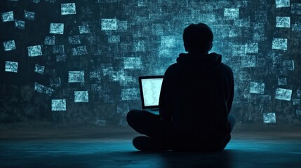 Aufkleber - Individual Engaged in Creative Work on Laptop Surrounded by Digital Imagery in a Darkened Space, Representing Innovation and Technology