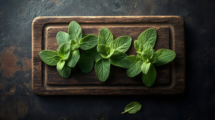 Charming Presentation of Sage Leaves on Aged Wooden Board with Gentle Vignette for Natural Product Display