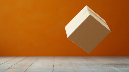 Poster - Delivery and movement cardboard box concept. A floating cube above a wooden floor against a vibrant orange wall, creating a simple yet striking visual contrast.