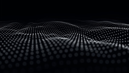 Poster - Futuristic point wave of particles. Visualization of sound waves. Technology or science banner. Abstract black and white digital 3D wave. Vector illustration.