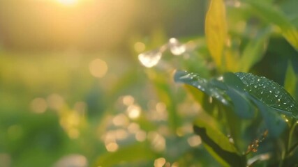 Poster - Golden hour sunlight illuminates fresh green leaves covered in morning dew, creating a tranquil and refreshing natural scene