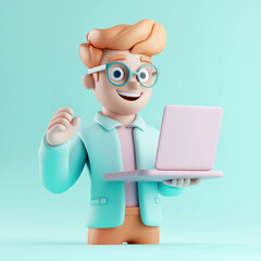 Poster - cheerful 3D character with glasses holding laptop on pastel background