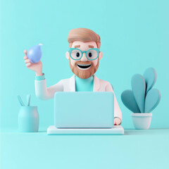 Aufkleber - cheerful 3D character with glasses at desk holding water balloon