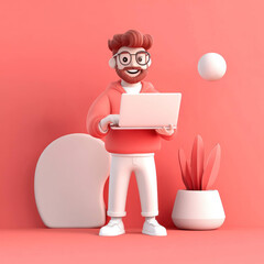 Poster - cheerful 3D character with laptop in vibrant, minimalist setting