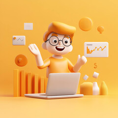 Aufkleber - 3D character with laptop and charts in vibrant orange setting