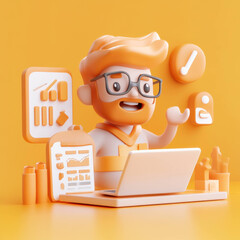 Aufkleber - 3D character of marketing manager with laptop and charts